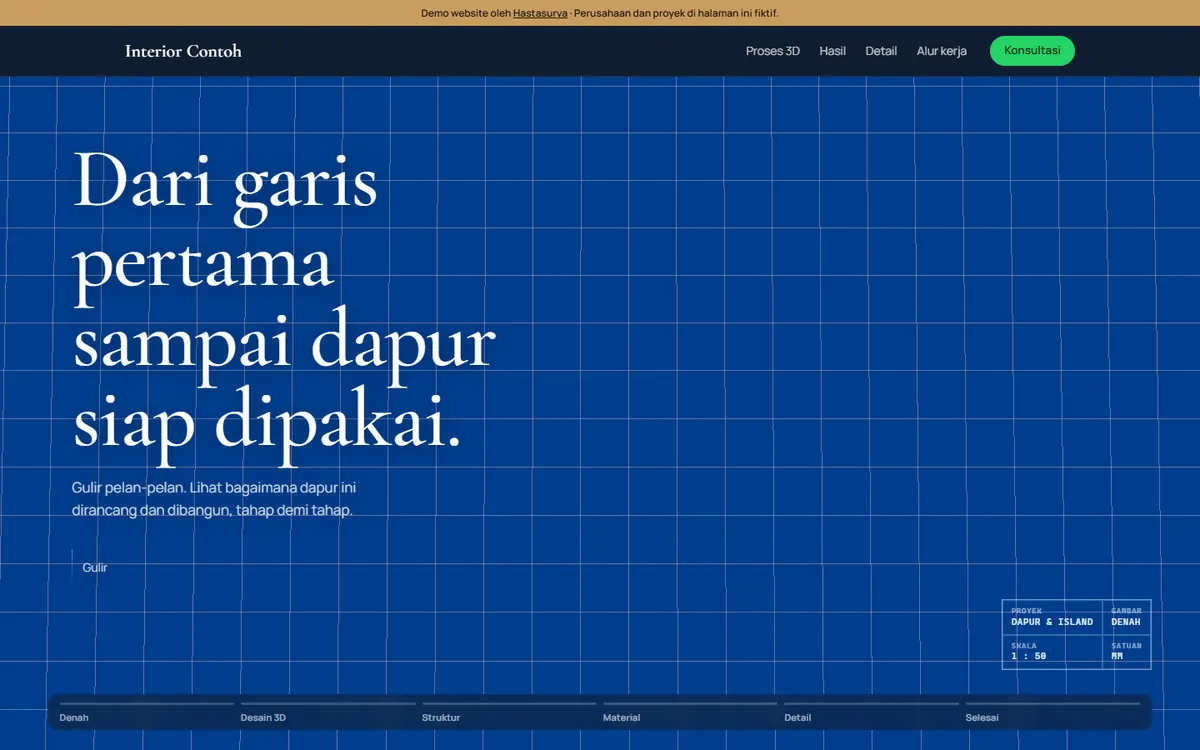 Halaman depan demo Interior Contoh: judul di atas latar biru bergaris seperti kertas gambar
